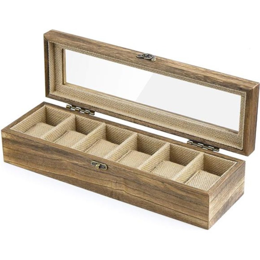 Watch Box Case Organizer Display for Men Women, 6 Slot Wood Box with Glass Top